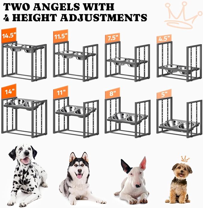 Elevated Dog Bowl for Medium Breed, 4 Height Adjustable Raised Feeder, Grey | Adjustable Height at 15°Tilted Angle, Lightweight, Nonslip, All-Iron Structure, Stainless Steel bowls, Easy Assembly Cleaning - Image 2