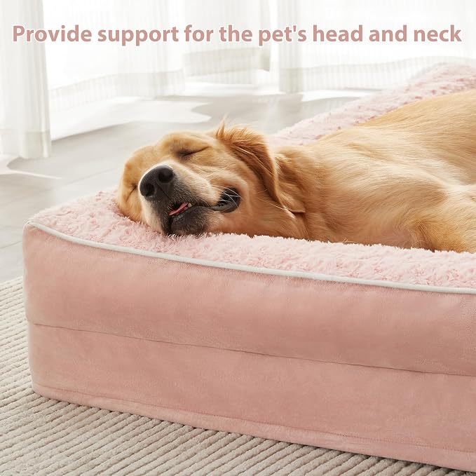 BFPETHOME Orthopedic Washable Dog Bed, Sleeping Couch for Large Senior Dogs | 30x20 Inch Deluxe Plush Rose Velvet Washable Cover, Egg Crate Foam Support, Waterproof Lining, Non-Slip Bottom, Pink - Image 2