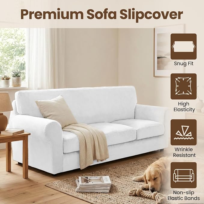 XINEAGE 3-Piece Velvet Sofa Cover,Couch Covers for Dog,White | 2 Cushion Sofa,Stretch Non-slip Elastic, Pet-friendly, Washable, Fast Setup, Soft Plush Fabric, Furniture Protector. - Image 2