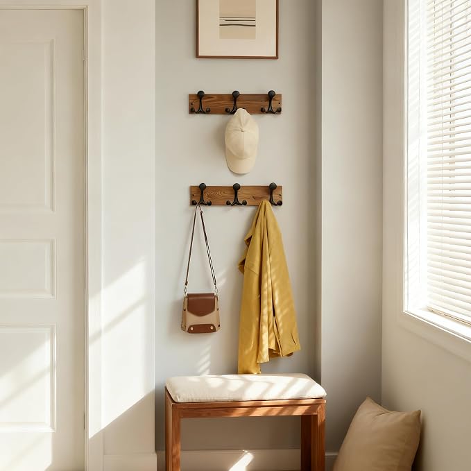 SKOLOO 17-Inch Wood Coat Rack Wall Mount with 3 Triple Hooks - Ideal for Family Entrances, Classrooms, and Pet Supplies Storage - Perfect Coat Hooks for Wall,Charred Golden Brown - Image 3
