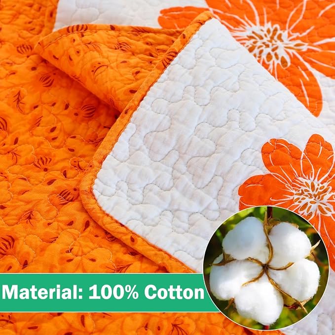 EVENHUG 100% Cotton Quilt King Size Orange Sunflower Bedding Set Floral Lightweight Quilt Reversible Coverlet Bedspread with 2 Pillow Shams All Seasons 3 Pieces (106”X96”) - Image 6