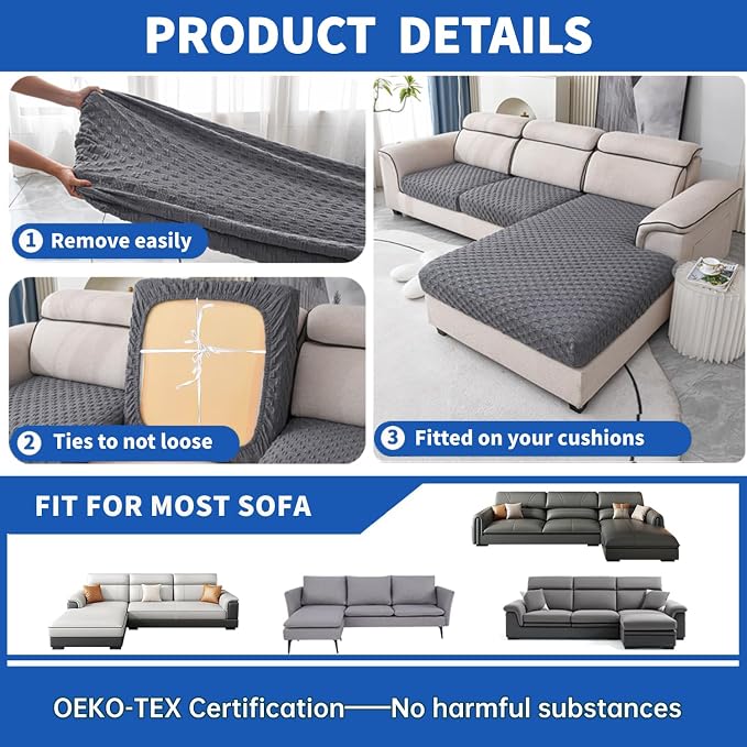 YEMYHOM 【Clearance】 Stretch Individual Cushion Covers Sofa Loveseat Seat Cushion Slipcovers Soft Couch Cover Replacement Large Checkered Furniture Protector with Elastic Bottom (2 Pc, Light Gray) - Image 5