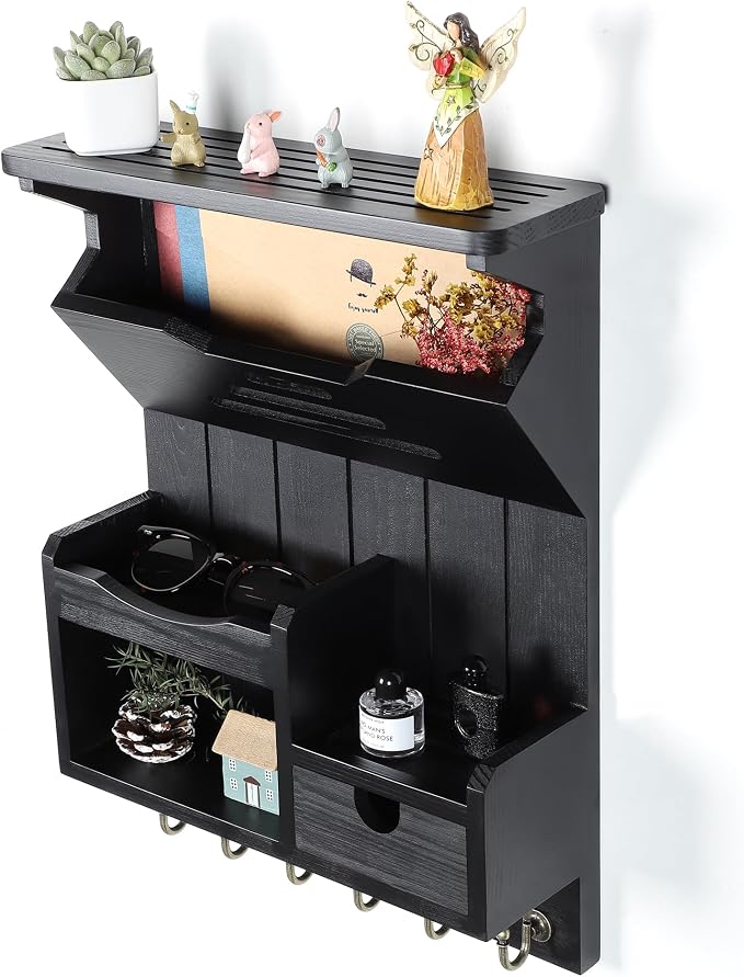 DOPACE Handcrafted Pine Wood Mail Organizer & Key Holder, Black | Hand-polished natural pine wood with storage drawer & 6 hooks, Fine spray paint finish, Easy wall mount - Image 5