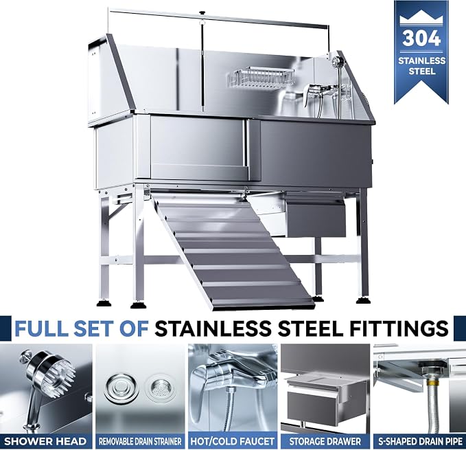 Dog Washing Station for Home,46" Stainless Steel Dog Bathing Station Height Adjustable Dog Washing Station for Home Dog Grooming Tub Ramp, Drawer, Floor Grate & Fauct - Image 2