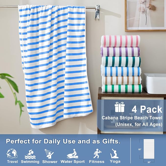 JML Microfiber Beach Towels, 4 Pack, 30" x 60", Cabana Stripe Blue | Hanging Loop,Soft, Absorbent, Quick Dry, Lint-free, No Fading Bath Towel for Summer Swimming Pool Party - Image 2
