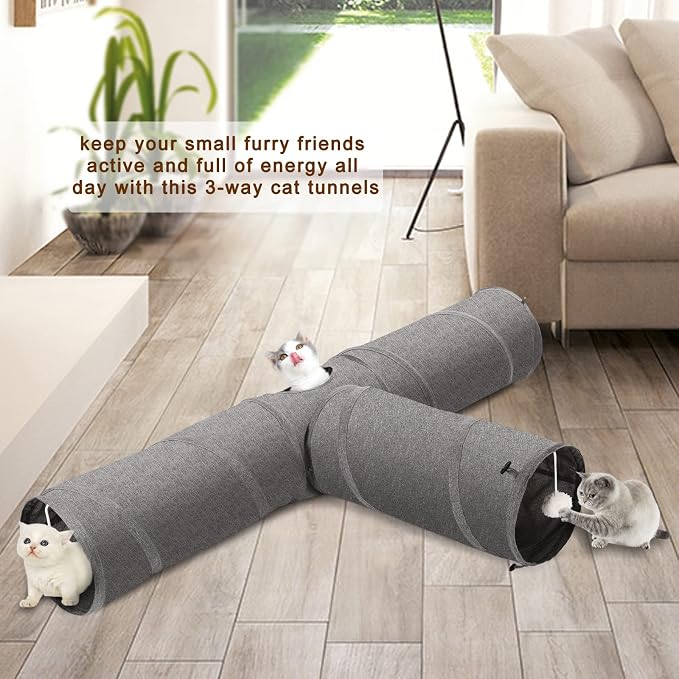 Ownpets Cat Tunnel, 3 Way Collapsible Kitty Tunnel 47 inch Long Cat Tube with Plush Ball & Feather Toy, Cat Play Tunnel for Indoor Cat, Kitten, Rabbit - Image 3