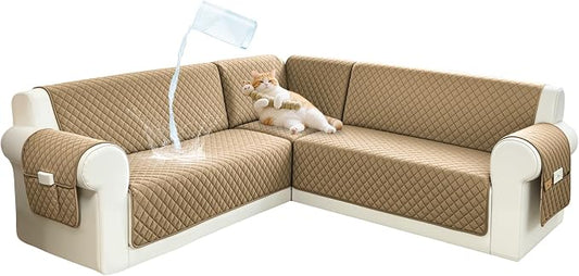 Sectional Couch Covers for Dogs 100% Waterproof Corner L Shaped Sofa Cover Pet Friendly Velvet Washable Anti Slip L Shape Modular Sofa Slipcover Protector with Pockets (Light Brown, Large) by SYJOVIA