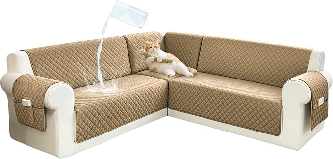 Sectional Couch Covers for Dogs 100% Waterproof Corner L Shaped Sofa Cover Pet Friendly Velvet Washable Anti Slip L Shape Modular Sofa Slipcover Protector with Pockets (Light Brown, XX-Large) by SYJOVIA