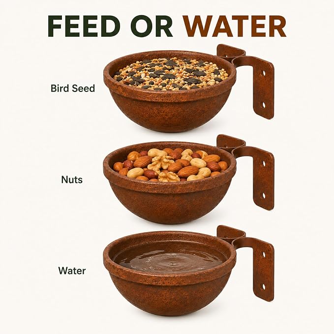 Rustic Wall Mounted Bird Feeder Bowls 3 Pack, Metal Bird Bath & Bird Seed Bowls for Wall, Fence or Tree, Vintage Outdoor Bird Water Feeder Set with Screws for Garden Decor - Image 4