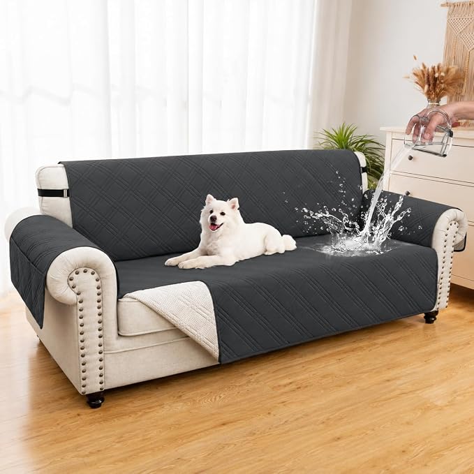 100% Waterproof Couch Cover for Dogs, Washable Anti-Slip Sofa Cover with Elastic Straps & Side Pockets, Quilted Furniture Protector for Kids & Pets (3 Cushion 68", Blackishgray) by Unknown