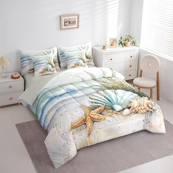 Erosebridal Coastal King 7 Pieces Bedding Set for Kids, Summer Beach Nautical Bed in A Bag for Boys Girls Women Men, Sea Waves Marine Life Comforter Set with Sheets, Shell Seaweed Starfish Bed Sets - Image 2