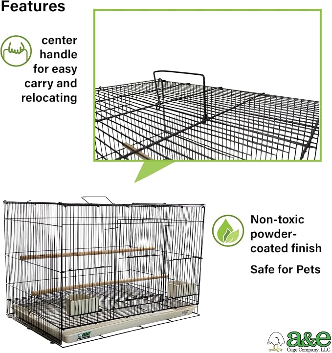 A&E Cage Co 504 Flight Bird Cage for Finches & Parakeets, 30"x18"x18" Black | 2 Slide-Up Feeder Doors, Wood Perch, Slide-Out Cleaning Tray, Carry Handle, Roomy Flight Space for Canaries - Image 4