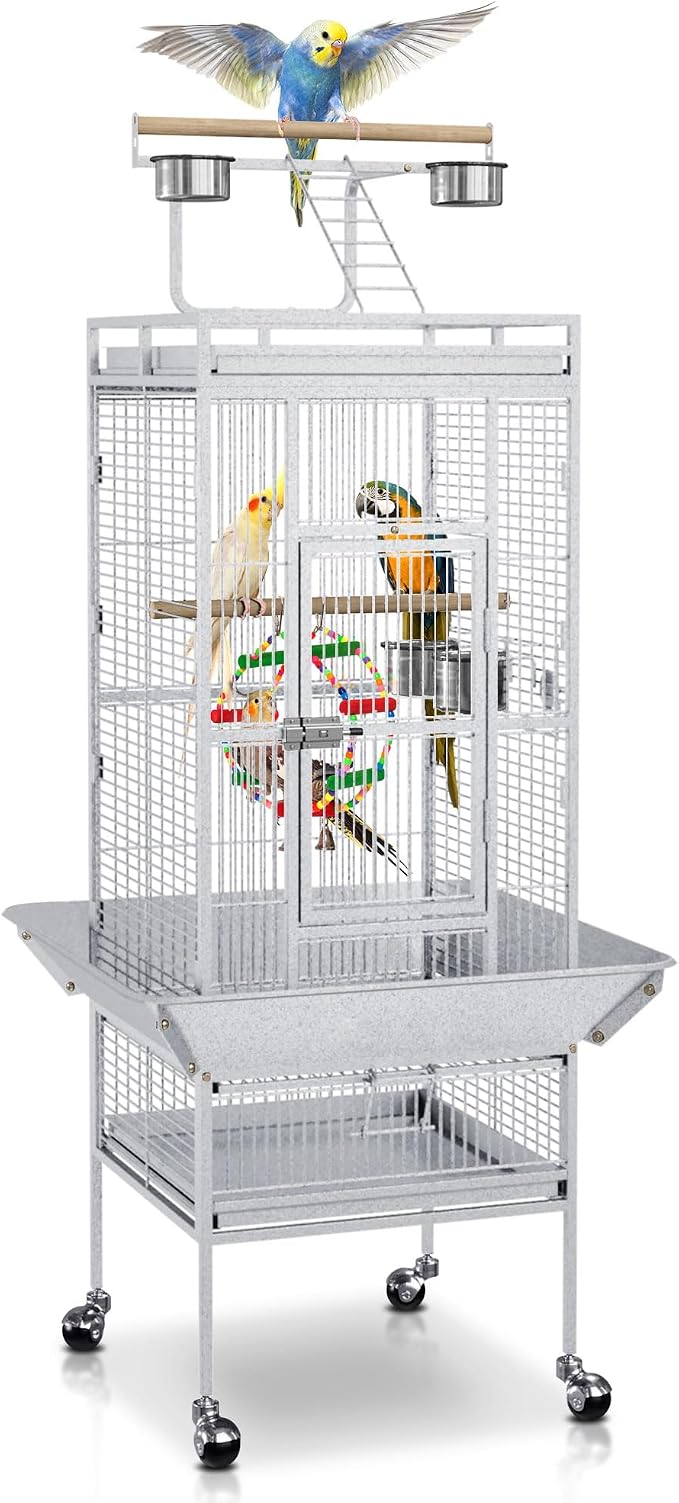 SUPER DEAL PRO 61-inch 2in1 Large Bird Cage with Rolling Stand Playtop Parrot Chinchilla Finch Cage Macaw Conure Cockatiel Cockatoo Pet House Wrought Iron Birdcage, White by Superdeal