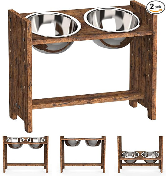 Vantic Elevated Dog Bowls, Adjustable Bowl Stand Large/XLarge, Rustic Brown | Particle Board Raised Dog Bowl Stand with 2 Stainless Steel Bowls for Large and Extra-Large Dogs by Vantic