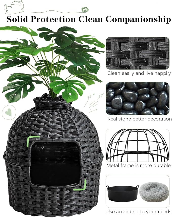 SETVSON Cat Litter Box Plant Furniture Enclosure, PE Rattan House, Black | Decorative Planter Design, Easy Clean, Artificial Plants & Real Stones Included, Private Inner Litter Box, 20" x 20" Compact - Image 3