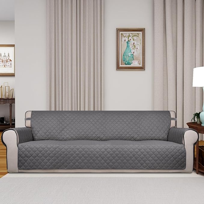 PureFit Reversible Quilted Couch Covers for Dogs Sofa Cover 4 Seater 88" | Gray/Ivory, Water Resistant Couch Protector, Washable Pet Couch Cover with Non Slip and Elastic Straps For Kids - Image 2