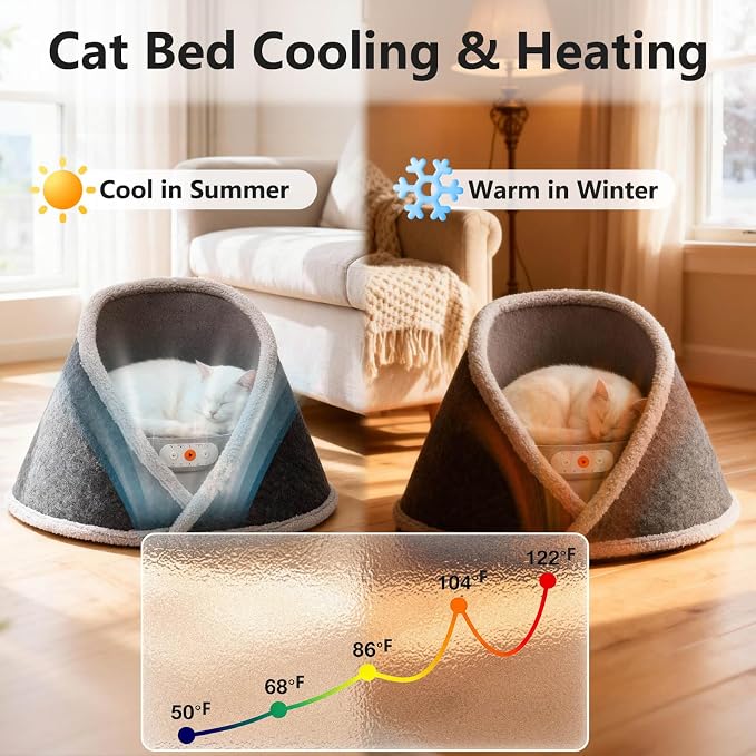 Heated & Cooling Cat Bed with 5 White Noise Modes, Cat Cave Bed with Mat Smart Temperature Control, Indoor Cozy Bed for Small and Medium Cats - Image 2