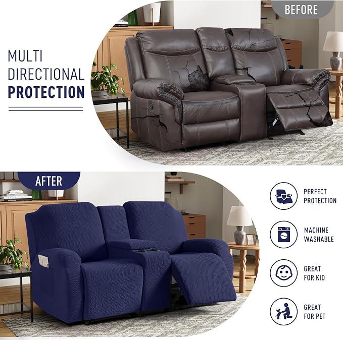 KinCam Loveseat Recliner Covers with Middle Console Slipcover, Dark Blue | Stretch Recliner Sofa Covers for 2 Seat Couch Cover, Jacquard Furniture Protector Covers with Elastic Bottom for Kids, Pets - Image 3