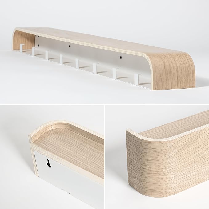 Kazai. Wall-Mounted Coat Rack 'Toke' - Modern Design Coat Rack with Hidden Wall Hooks - Solid Wood Veneer Panel Coat Hanger - Oak, White - Image 4