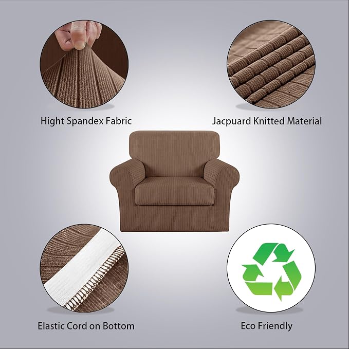 Armchair Cover Stretching Skid Resistance Couch Cover for Pets Washable, Thick and Durable Soft High Spandex Striped Pattern Sofa Covers, Form Fitted Chair Slipcover(Armchair, Brown) - Image 2