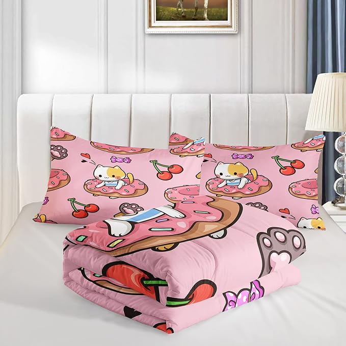 QOOMO Kawaii Cat Comforter King Size,Doughnut Cherry Cat Comforter Set for Kids Teens Girls,3Pcs Bedding Set Printed Comforter with 2 Pillowcases,Soft and Lightweight(Pink，King Size) - Image 4