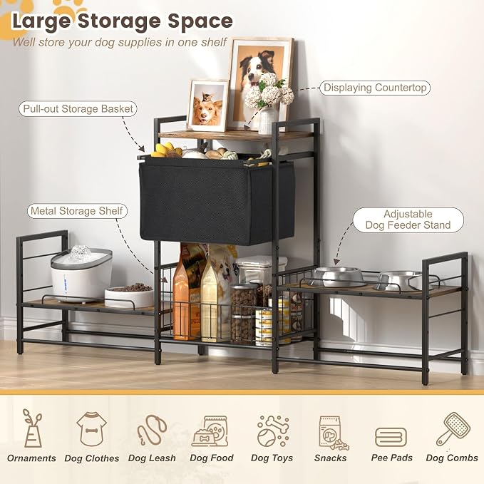 Lomivra Dog Feeding Station with 2 Elevated Bowl Stands & Large Storage | For 2-3 Dogs, 4 Adjustable Bowl Heights, Fit Large Medium Small Dogs, Fit All Bowl Types, Pull-Out Toy Bin, Dog Food Storage - Image 3