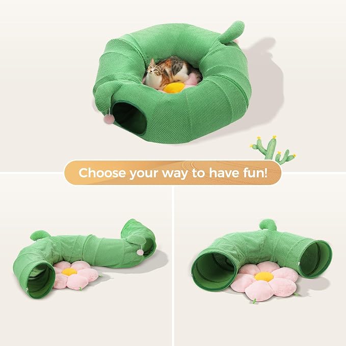 PEQULTI Cat Tunnel with Bed for Indoor Cats, Cat Play Donut Tunnel with Washable Soft Plush Flower Mat, Round Tube Toys Cute Tube for Kittens, Puppies, Rabbits and Ferrets, Green&Pink - Image 4