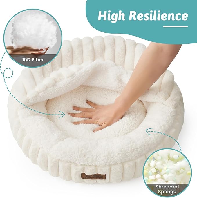 Small Dog Bed with Hooded Blanket, Round Fluffy Anti-Anxiety Pet Bed for Small Dogs & Medium Dogs, Cozy Donut Cuddler with Machine Washable Faux Fur & Anti-Slip Bottom(26"×26"×7",Cream) - Image 5