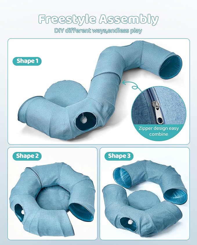 Odoland Linen Cat Tunnels with Central Cat Bed, Interactive Cat Toys Detachable Washable Soft Mat Large Indoor Play Tunnel Cave for Kittens and Small Animals - Image 2