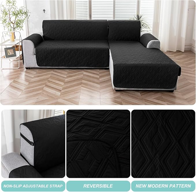 Genina Waterproof L Chaise Sectional Cover for Kids Pets (Black, Sofa Large) - Image 5