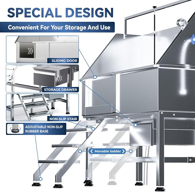 46" Dog Washing Station for Home,Stainless Steel Professional Dog Bathing Station Height Adjustable D og Grooming Tub Ramp, Drawer, Floor Grate & Fauct (L Stair) - Image 4