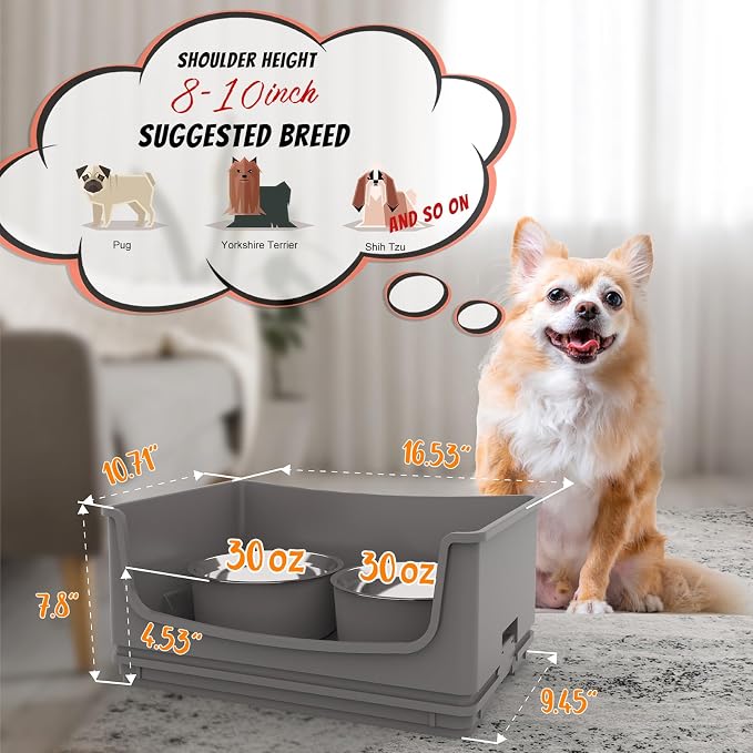 Elevated Dog Bowl Stand Set,Quiet Eating Mess Proof Raised Dog Bowls 2 Stainless Steel Food Bowls,Splash Water Collection Non-Slip Small Cat Feeding Table - Image 2