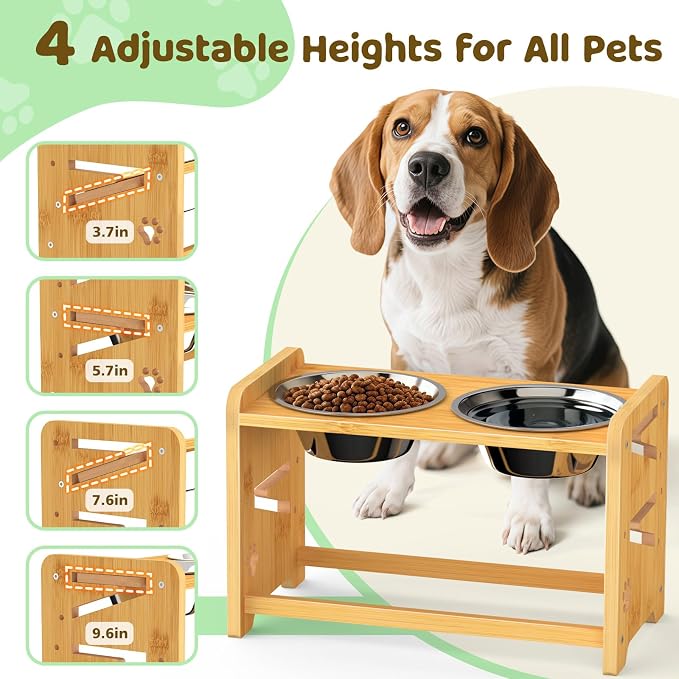 Elevated Dog Bowls, Adjustable Raised Dog Bowl Stand for Medium and Small Dog, 11" High Bamboo Pet Food Feeder with 2 Stainless Steel Dishes（4 Heights） - Image 2