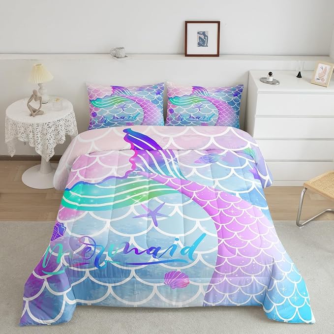 Homewish Fish Scale Comforter Set Mermaid Fish Scale Duvet Insert Watercolor Mermaid Bedding Set 2pcs for Kids Girls Soft Microfiber Quilted Duvet with 1 Pillowcase, Twin Size - Image 2