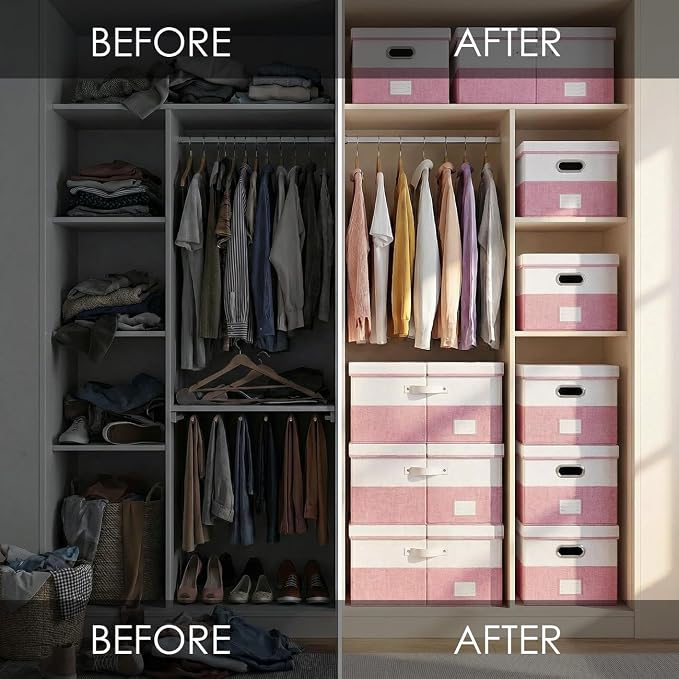 PRANDOM Storage Bins with Lids [3-Pack] Linen Fabric Foldable Storage Boxes Organizer Containers Baskets Cube with Cover for Bedroom Closet Office White&Pink (23.4X15.9X11.4) - Image 5
