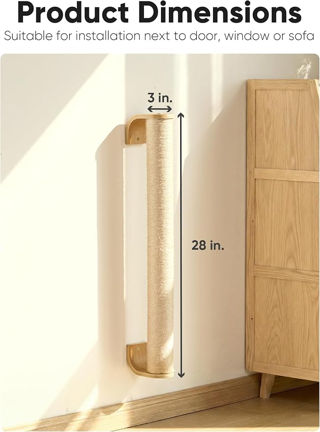 FUKUMARU Cat Wall Scratcher, 28" Kitten Scratching Post | Natural Sisal Pole, Wall Mounted Climbing Tree for Indoor Cats - Image 4