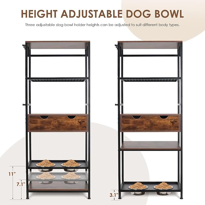 Industrial Style Storage Rack with Dog Feeding Station, Adjustable Raised Dog Bowls, and Shelves - Image 3