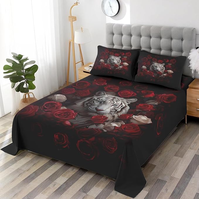 WeCozy Twin Size Bed Sheet Sets with Pillowcases, White Tiger Animal 3 Pcs Soft Microfiber Bedding for Kids and Adults, Beautiful Red Rose Flower Flat, Fitted Sheet for Bedroom Bed Decor - Image 4