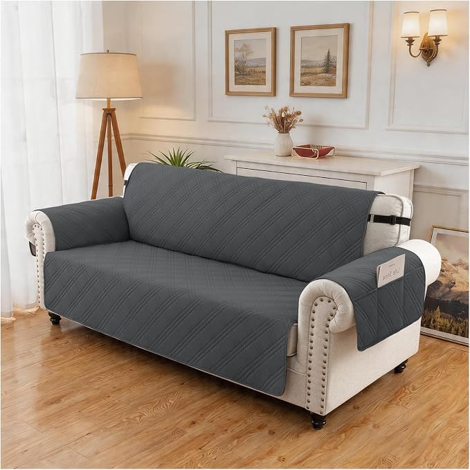 100% Waterproof Couch Cover for Dogs, Washable Anti-Slip Sofa Cover with Elastic Straps & Side Pockets, Quilted Furniture Protector for Kids & Pets (3 Cushion 68", Blackishgray) - Image 7