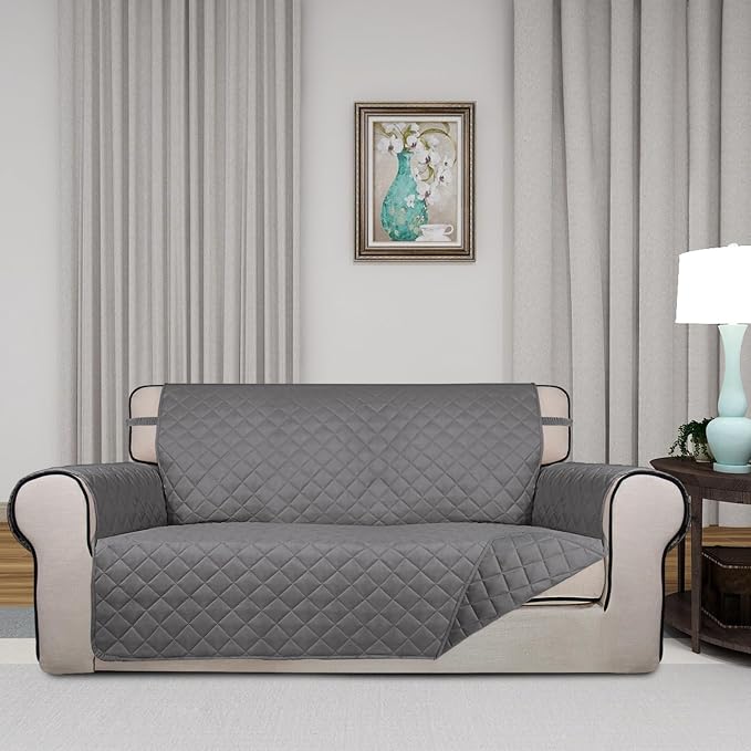 PureFit Reversible Quilted Couch Covers for Dogs Loveseat Sofa Cover 54" | Gray/Gray, Water Resistant Couch Protector, Washable Pet Couch Cover with Non Slip and Elastic Straps For Kids - Image 2