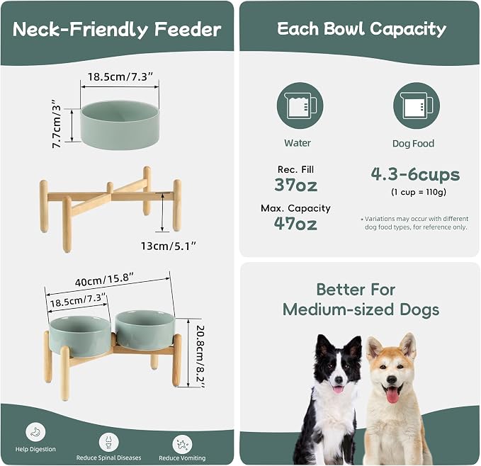 Havniva Elevated Dog Bowls Ceramic Dog Bowls with Stand, Dog Food Bowl | 7.3” Raised Dog Bowls with Non-Slip Wood Stand, Dog Food and Water Bowl Set, Double Dog Feeding Bowls for Medium Dogs - Image 2