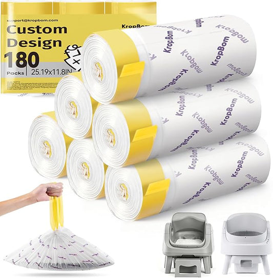 180 Count Automatic Cat Litter Box Liners Compatible with PetPivot AutoScooper 11/12 and Similar Open Top Self Cleaning Litter Box, Heavy Duty Cat Litter Bags Liners with Drawstring, 25.19" x 11.8" by KropBom