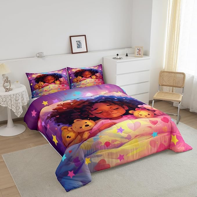 Manfei Black Cute Girl Queen Size Comforter Set,Kawaii Sleeping Kid Cartoon Toy Down Alternative Adults Room Decor,Neon Colorful Stars Dreamy Starry Night Ultra Soft Microfiber Inner Fill 3Pcs - Image 2