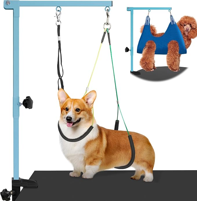 getlstub Dog Grooming Arm with Pet Grooming Hammock, 35" Pet Grooming Table Arm with Adjustable No Sit Haunch Holders, Dog Grooming Stand with Loop Noose for Small and Medium Pets, Blue by SimpleSolutionsforCozyHome