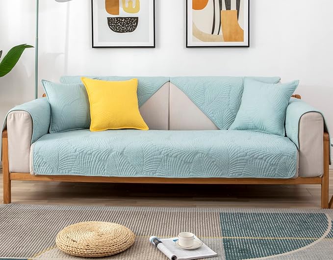 Solid Color Leaf Cotton Quilted Sofa Covers for 3 Cushion Couch Anti-Slip Soft Couch Cover for Dogs Pets Kids Recliner Loveseat L Shaped (Blue,28''x70'') - Image 2