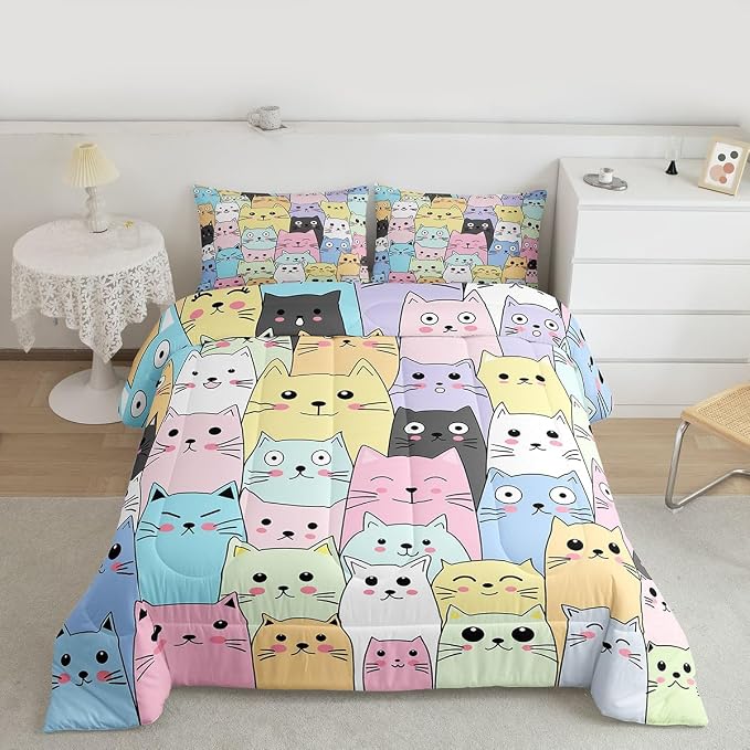 Feelyou Cat Comforter Set King Size for Girls Kids Cute Colorful Cat Bedding Cartoon Theme Children Room Decor Kawaii Kitten Ultra Soft Microfiber Bed Sets 3 Piece - Image 7
