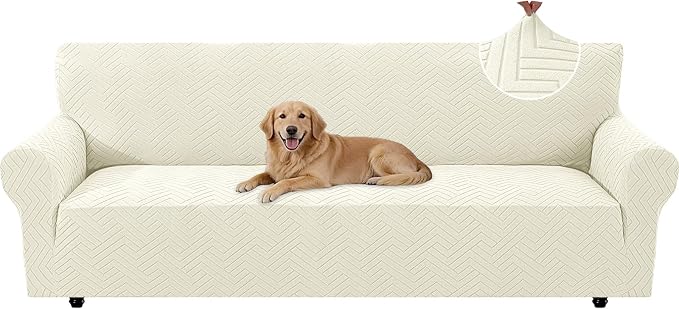 Stretch Sofa Cover Non-Slip Washable Furniture Protector | Stretch, 91"-110".Soft, Non Skid Foam, Elastic Bottom, Machine Washable, for Kids & Pets, Couch & Sofa, Beige Yellow by YSTELLAA