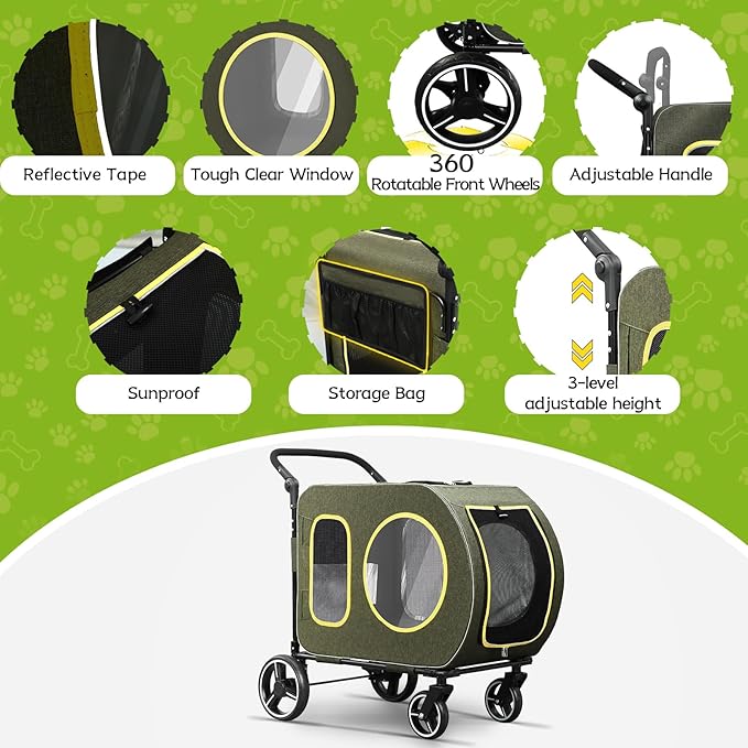 2025 Upgraded Dog Stroller for Large & Medium Dogs，Pet Stroller for 2 Small Dogs, Foldable Jogger Wagon with Detachable Carrier for Car Seat, Adjustable Handle, Up to 90 lbs, Green