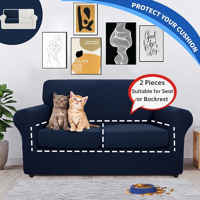 YEMYHOM Stretch Individual Cushion Covers Large Sofa Seat Cushion Slipcovers Soft Couch Cover Replacement Large Checkered Furniture Protector with Elastic Bottom (2 Pcs XL Cushion Covers, Navy) - Image 3