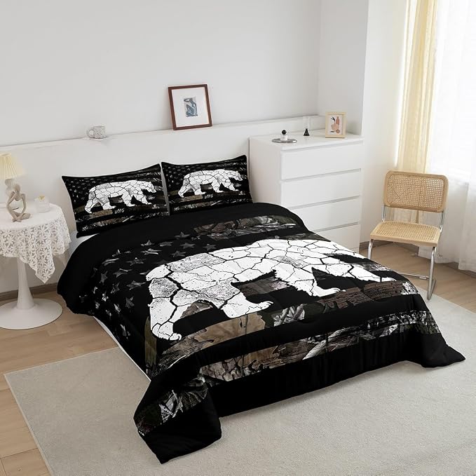 Manfei Wild Bear Down Comforter Set King Size,Wildlife Animal Camo Rustic Style Duvet/Quilt Set Soft Bed Collection Black Stripes Branch American Flag Bedding Comforter for Boys Girls Bedroom,3 Pcs - Image 2